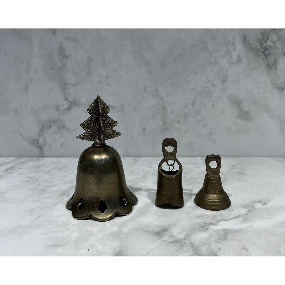 3 Vintage Brass Christmas Bell Ornament Tree Cutouts Design + Unique Small Bells